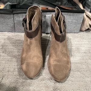Women's Suede Ankle Booties in Taupe with Dark Brown Strap